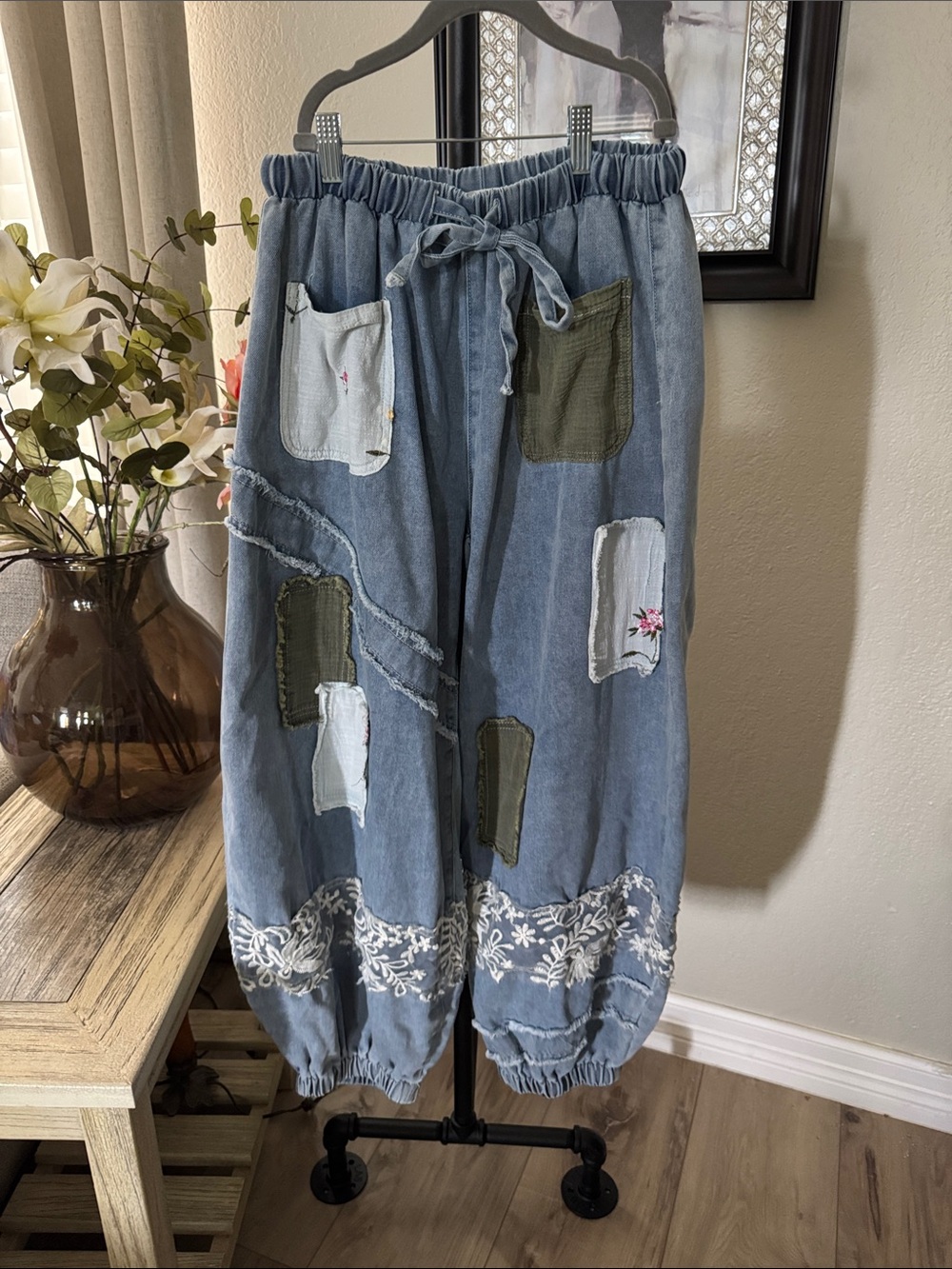 Pol patchwork lace drawstring denim barrel jeans - Picture 2 of 7